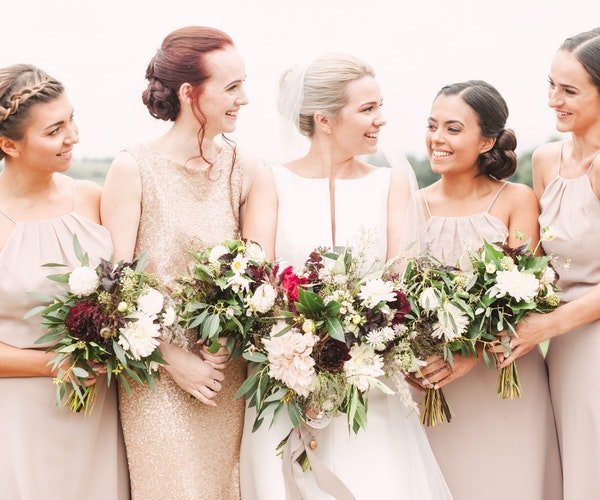 Seasonal bridesmaids' bouquets laid out